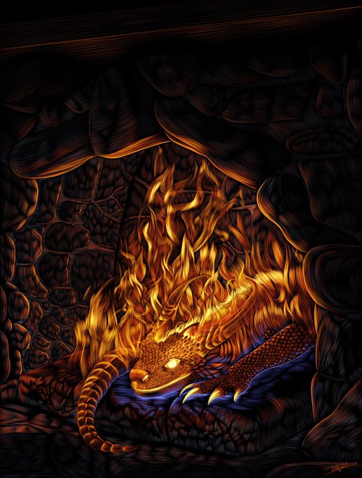 A stylized digital artwork of a sleeping dragon with fiery orange and dark blue scales curled up in a dark cavernous setting.