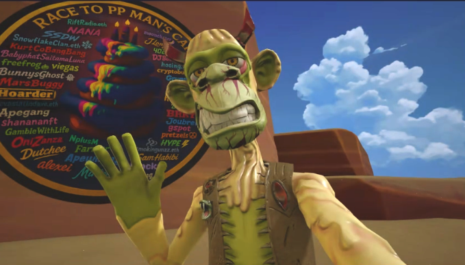 A 3D animated zombie-like character with green skin, stitched face, and yellow/brown clothing waving, set in a desert environment with a 'RACE TO PP MANS GAMING' leaderboard in the background.