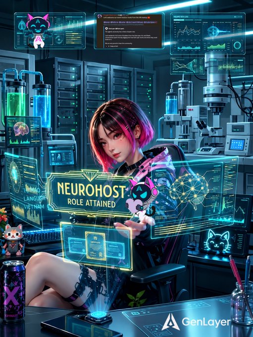 The image features a pink-haired anime-style character sitting at a futuristic high-tech workstation, reaching out to touch a glowing holographic display that prominently reads "NEUROHOST ROLE ATTAINED," with multiple data screens, server racks, and a neon cat mascot in the background, alongside the "GenLayer" logo at the bottom, visually celebrating the announcement of joining GenLayer as a NeuroHost and reflecting the post's theme of stepping into this new role within their AI-validator and Intelligent Contracts infrastructure.