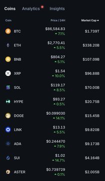 A cryptocurrency market dashboard displays prices and 24-hour changes for major coins, showing BTC at $86,584.83 (-1.13%), ETH at $2,770.41 (-5.5%), BNB at $804.27 (-5.1%), and others including XRP, SOL, HYPE, DOGE, LINK, ADA, SUI, and ASTER.