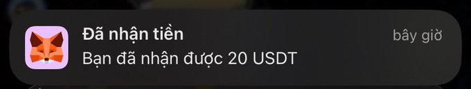 A mobile notification in Vietnamese showing a MetaMask fox logo with the text 'Đã nhận tiền — Bạn đã nhận được 20 USDT' (Money received — You have received 20 USDT) marked 'bây giờ' (now).