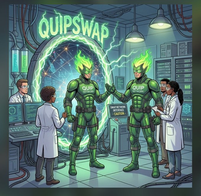 An illustrated comic-style scene labeled 'QUIPSWAP' depicts two green-armored 'QUIP NETWORK' superheroes with flame-streaked hair emerging from a portal, surrounded by scientists and a warning sign reading 'SWAP NETWORK INTERFACE CAUTION'.