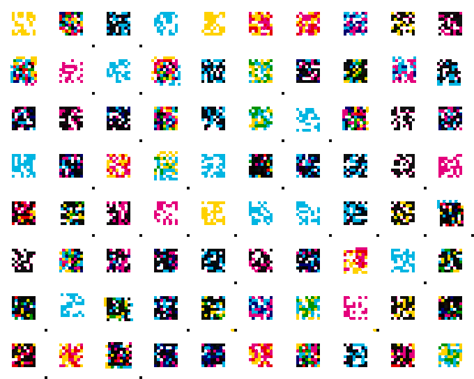 A grid of glitchy, colorful pixel art icons or character sprites with distorted, multi-colored patterns.