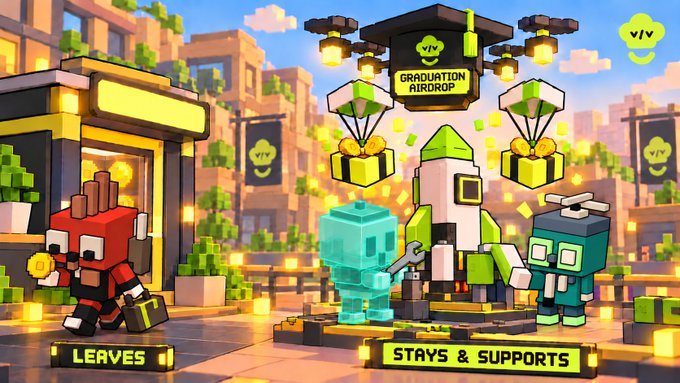 A vibrant voxel-style 3D illustration showing characters with a rocket, diamonds, and gift boxes labeled 'GRADUATION AIRDROP', with signs reading 'LEAVES' and 'STAYS & SUPPORTS' along with 'VIY' branding.