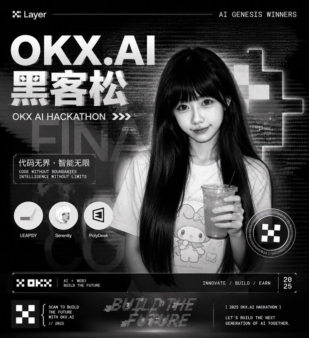 A black-and-white promotional poster for the OKX AI Hackathon Finals, featuring "AI Genesis Winners" text and a young woman with long dark hair holding an iced drink, alongside winning project names "LEAPSY," "Serenity," and "PolyDesk," and the tagline "BUILD THE FUTURE 2025." The image announces the hackathon winners as referenced in the accompanying post, while also promoting the upcoming OKX.AI trading competition with a $40,000 prize pool running July 31 - August 25.