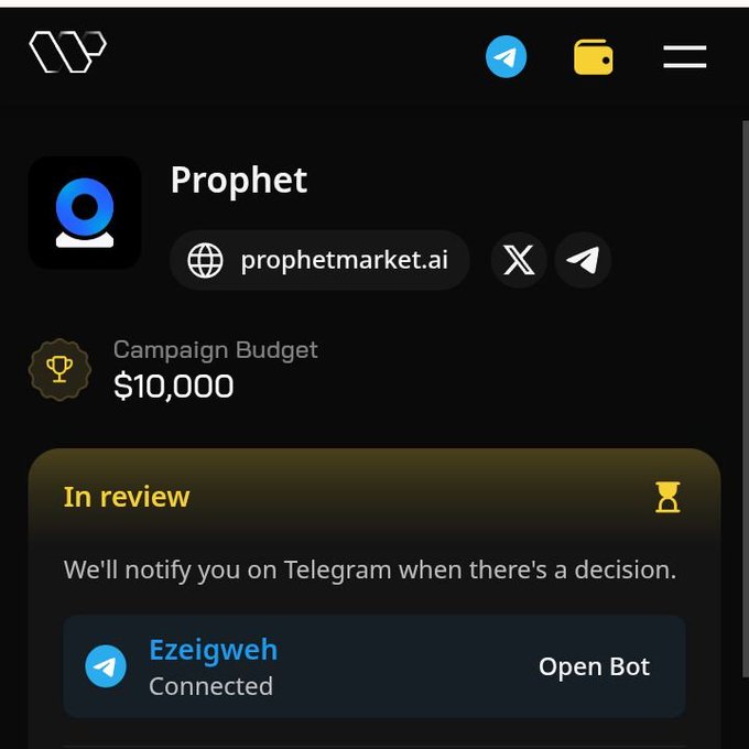 The image shows a screenshot of an app called "Prophet Market AI" displayed on a phone screen, which appears to be a campaign for a new product or service. The app has a rating system that rewards users with stars based on their quality insights instead of just chasing hype. The user's name is mentioned in the post as Ezeigweh and she is connected to Open Bot.