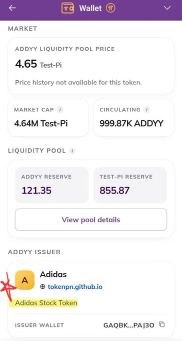 The image shows the Pi Wallet testnet market page for the ADDYY token labeled "Adidas Stock Token," priced at 4.65 Test-Pi with a market cap of 4.64M Test-Pi and a liquidity pool holding 121.35 ADDYY and 855.87 Test-Pi reserves. This supports the post's claim by illustrating that one of the newly added "Stock Token" assets—issued under the "Adidas" name—already has an active Test-Pi liquidity pool on Pi Testnet.