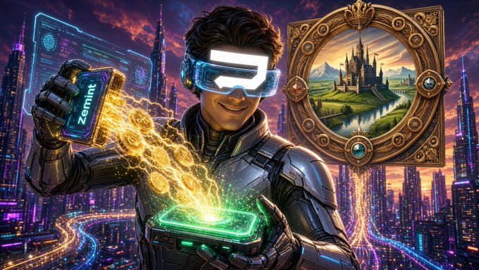 A futuristic digital illustration shows a person in cyberpunk gear holding a phone labeled 'Zeminit' while gold coins flow into a device, with a fantasy castle portal in the background.