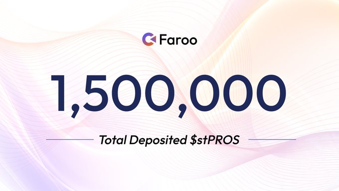 A promotional graphic from Faroo displaying "1,500,000 Total Deposited $stPROS" in large text on a white background with pink and purple accents.