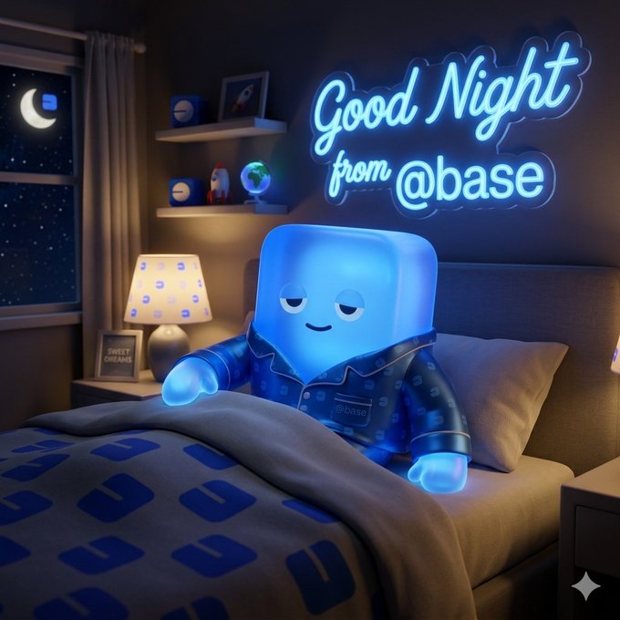 The image features a blue cube-shaped character, likely from the game Legend of Zelda, sitting on a bed with its eyes closed while wearing pajamas. The character appears to be asleep or resting comfortably. In front of the character, there is a pillow and a nightstand with a lamp on it. The background includes a window that lets in some light, creating a cozy atmosphere for the scene.

The image also contains text related to the game Base, which suggests that this could be an advertisement or promotional material for the game.