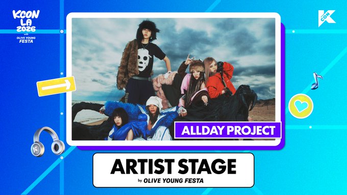 A promotional graphic for KCON LA 2026's "ARTIST STAGE by OLIVE YOUNG FESTA" featuring ALLDAY PROJECT, displaying a stylized photo of the group against a vibrant blue background with musical and heart icons. The image announces their live streaming performance scheduled for August 16, 2026, from 15:10–16:00 PDT, available on Mnet K-POP and KCON official YouTube channels.