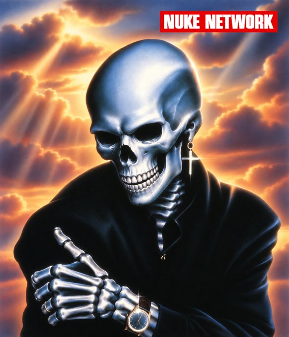 Album art for 'NUKE NETWORK' features a grinning silver skull wearing a black suit, cross earring, and wristwatch against a dramatic cloudy sky with sun rays.