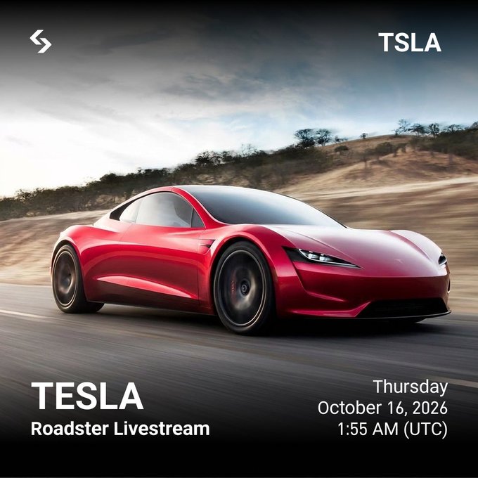 A promotional graphic for the Tesla Roadster livestream scheduled for Thursday, October 16, 2026 at 1:55 AM UTC, featuring a sleek red Tesla Roadster speeding along a desert road with the TSLA ticker prominently displayed in the corner. The image aligns with the post by teasing a major upcoming event for $TSLA shareholders and electric vehicle enthusiasts eagerly awaiting the Roadster reveal.