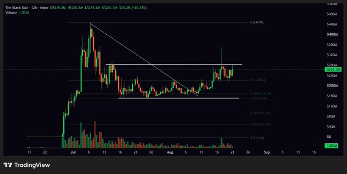 A 12-hour candlestick chart for "The Black Bull" (ANSEM) on TradingView shows the price at $252.50 with a 10.12% gain, consolidating in a re-accumulation range between roughly $220 and $260 since mid-July, with Fibonacci retracement levels and a descending trendline drawn to highlight the bullish setup referenced in the post.