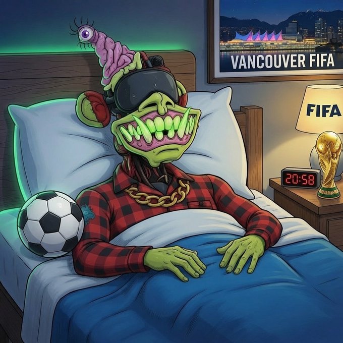 An AI-generated cartoon of a grotesque green character wearing a VR headset in bed, with a 'Vancouver FIFA' poster, a FIFA World Cup trophy lamp, a soccer ball, and a clock showing 20:58.