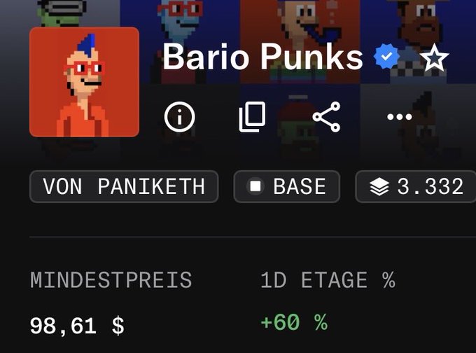 A digital trading interface displays an NFT collection called 'Bario Punks' created by 'VON PANIKETH' on the BASE network, showing a minimum price of $98.61 and a 1-day increase of +60%.