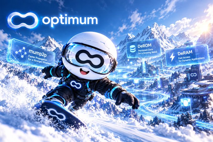 A promotional image for 'optimum' featuring a cute astronaut-like mascot snowboarding, with labels for 'mump2p', 'DeROM', and 'DeRAM' floating around in a snowy mountainous landscape.