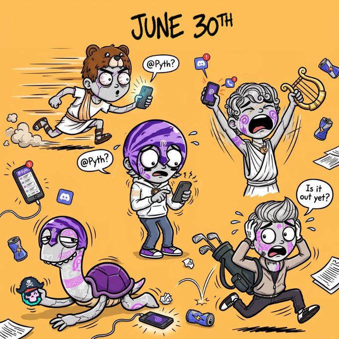 A cartoon illustration dated 'June 30th' depicting various characters anxiously checking their phones with speech bubbles like '@Pyth?' and 'Is it out yet?', referencing the Pyth network.