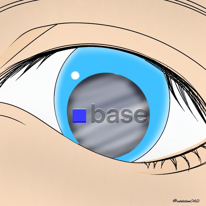 An anime-style illustration of a blue eye with the word 'base' displayed in the iris area, credited to @rudetidartAGI.