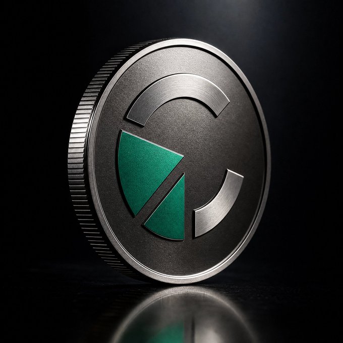 A 3D-rendered metallic coin with a dark, textured face displaying a geometric design with two green triangular segments, set against a black background with a reflective surface beneath.