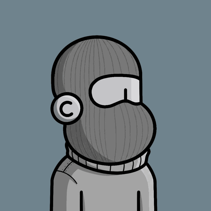 A cartoon illustration of a person wearing a gray knit balaclava with a white visor and a circular 'C' logo, dressed in a gray sweater against a blue background.