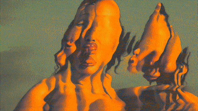 A distorted, orange-hued digital sculpture of a figure with a melting face and raised hand appears in a grainy, high-contrast style reminiscent of glitch or vaporwave aesthetics. The accompanying post advertises an NFT artwork titled "(Mₐcₒₙᵈₒ)⁷" available on the Objkt platform, with the eerie, otherworldly rendering reflecting the experimental, cyber-surreal tone of the piece.