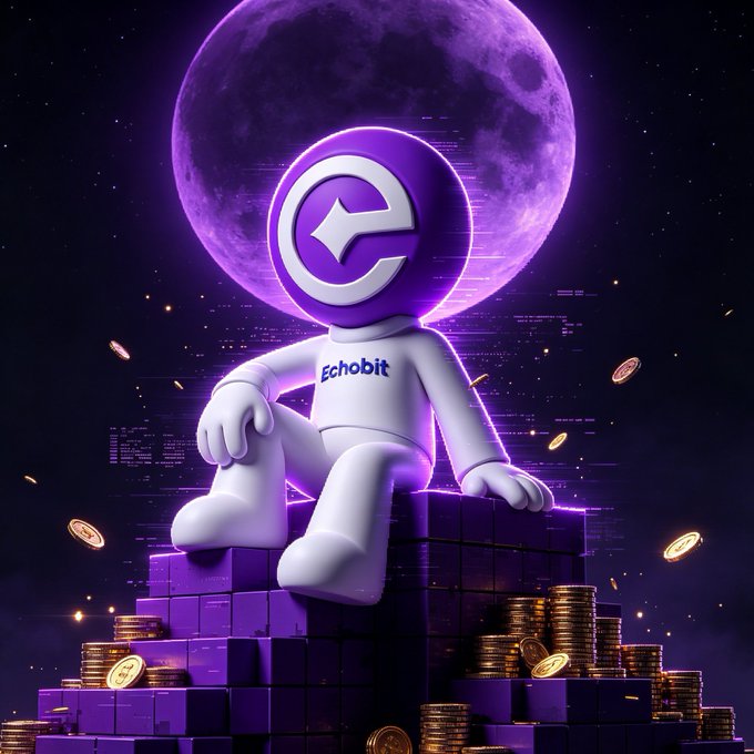 A 3D-rendered character with a purple coin-shaped head featuring an 'e' logo sits on a pile of purple blocks and gold coins against a starry sky with a large purple moon, wearing a white shirt labeled 'Echobit'.