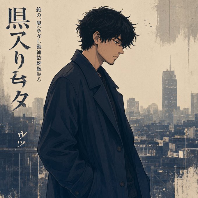 A moody anime-style illustration shows a man with dark tousled hair in a black coat gazing down at a sepia-toned cityscape, accompanied by Japanese text on the left reading "黒ズリティ" and "絶の 嗅多 ケ 勤浦 跛 私人." The somber, introspective visual contrasts with the post's message about GenLayer's Portal, where—unlike most projects that ask you to wait—the network is already live with 46 validators running and nearly 30,000 participants, suggesting the lone figure reflects the weight of responsibility or the quiet confidence of a project that has already moved from promise to reality.