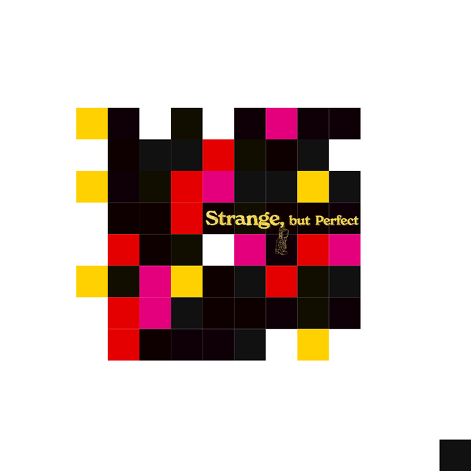 An abstract digital artwork composed of a grid of colored squares (yellow, black, red, magenta, white) featuring the text 'Strange, but Perfect' in yellow and a small bird emblem in the center.