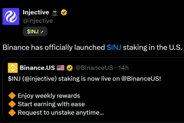 The focus of this image is a tweet that promotes an event for Bitcoin trading, specifically Binance's launching of their new staking system in the United States. The post includes information about Binance, SINJ, and the actual hashtag used by the users, "BinanceUS@INJ". This indicates that the users are likely discussing or sharing something related to Binance's newly launched US staking initiative on Twitter.