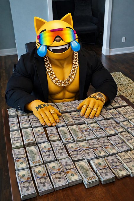 An AI-generated meme image of a muscular yellow cat figure wearing rainbow sunglasses, gold chains, and a black suit, sitting at a table covered with stacks of $100 bills with 'MOG' written on its hand.