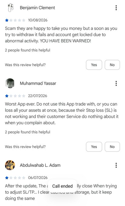 The image shows negative Google reviews from users Benjamin Clement (10/08/2026), Muhammad Yassar (22/07/2026), and Abdulwahab L. Adam (06/07/2026), all complaining about WEEX as a scam with accounts being locked upon withdrawal attempts, malfunctioning Stop Loss features, and unresolved customer service issues, which directly supports the accompanying post warning others about WEEX's misleading promotions and fund-holding practices.