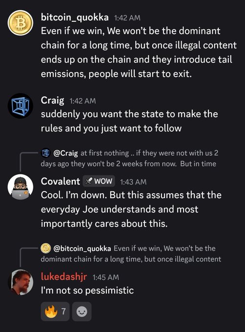 A Discord chat conversation featuring users 'bitcoin_quokka', 'Craig', 'Covalent', and 'lukedashir' discussing Bitcoin dominance, illegal content on the chain, and tail emissions.