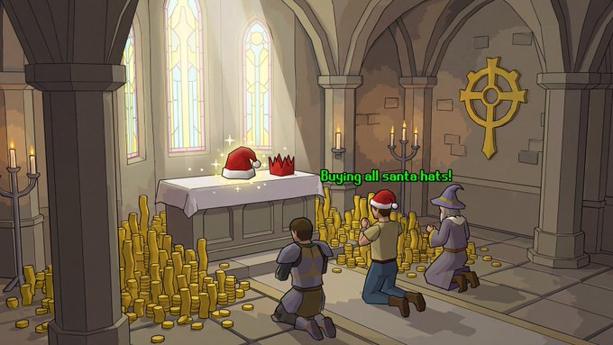 An illustrated cartoon scene set inside a cathedral or temple, where characters kneel before an altar holding a Santa hat on a pile of gold coins, with a wizard and a knight praying, and green text reading 'Buying all santa hats !'.