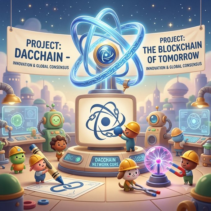 A vibrant, cartoon-style illustration depicting a futuristic scene labeled 'PROJECT: DACCHAIN - INNOVATION & GLOBAL CONSENSUS' and 'PROJECT: THE BLOCKCHAIN OF TOMORROW,' featuring cute characters, robots, and an atom-like structure around a central 'DACCHAIN NETWORK CORE.'