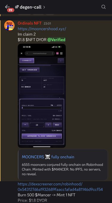 A Discord post in the #degen-call channel from Ordinals NFT shows a MooncersHood airdrop claim page advertising "$1.8 NFT DYOR" for minting claim 2, alongside a Robinhood Chain token address (0x543...) promoting the $MANCER token with a "BUY 500 $MANCER -> MINT 1 NFT" offer, supporting the caller's bullish "3x send higher" sentiment on the project.