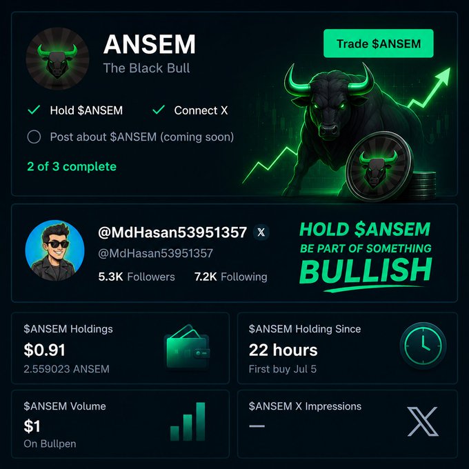 A dashboard interface for the $ANSEM 'The Black Bull' cryptocurrency token, showing holdings of $0.91, trading options, and a green bull graphic with bullish market imagery.