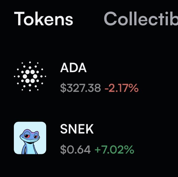 A dark-themed cryptocurrency tracker displays ADA (Cardano) at $327.38, down 2.17%, and SNEK at $0.64, up 7.02%, under the "Tokens" tab, playfully referencing the meme-worthy question of "when" these Cardano-based tokens will moon.