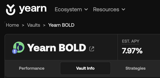 Screenshot of the Yearn Finance website showing the Yearn BOLD vault page with an estimated APY of 7.97%.