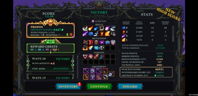 A victory screen from a roguelike game showing a score of 13,158, with character 'Frodos' at Wave 20 defeating a boss for 8318 points, displaying stats like 41,686 total damage and various skills/mutations.