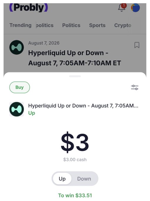 A screenshot from a prediction/betting app showing a market for 'Hyperliquid Up or Down - August 7, 7:05AM-7:10AM ET' with 'Up' selected for $3.00 to win $33.51.
