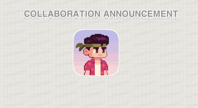 A pixel-art character with dark hair, a bandana, and a red jacket is centered on a gradient background, beneath the header "COLLABORATION ANNOUNCEMENT" — promoting Cloud Quest's partnership with the WADERZ NFT project illustrated by Romain Courtois.