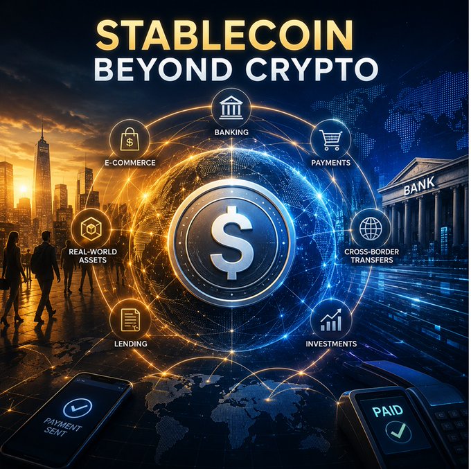 A promotional graphic titled "STABLECOIN BEYOND CRYPTO" featuring a central dollar coin connected to icons representing Banking, Payments, E-Commerce, Cross-Border Transfers, Investments, Lending, and Real-World Assets.