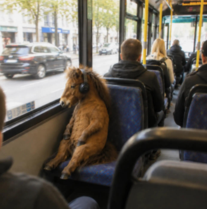 A pony wearing headphones sits upright on a bus seat like a passenger, while other riders sit nearby looking out the windows at the street.