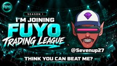 A graphic announces 'SEASON 1: I'M JOINING FUTO TRADING LEAGUE' with the handle '@Sevenup27' and the challenge 'THINK YOU CAN BEAT ME?', featuring a cartoon character in a pink cap.
