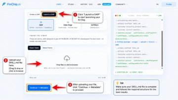 A FinChat interface showing a CHART LAYOUT settings panel with highlighted instructions for uploading screenshots and using 'Operator → Metadata' to enhance chart quality.