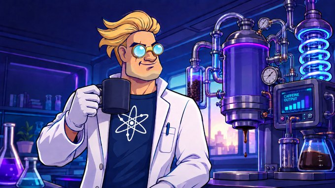 A cartoon scientist with blonde hair and goggles, wearing an atom-symbol t-shirt, holding a mug next to a complex 'CAFFEINE OXYGEN' extraction machine.