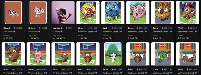 A grid display of NFT collectibles featuring cartoon animals like cows, pigs, walruses, and hamsters with prices listed in ETH and Veefriends Series 2 labels.