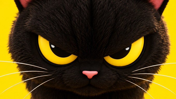 A close-up image of a black cat's face with large yellow eyes against a bright yellow background.
