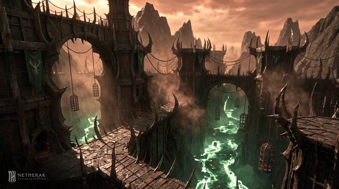A dark, gothic fortress with spiky, bone-like architecture and bridges spans a chasm of glowing green liquid, evoking the demonic Netherak environments referenced in the post. The "Netherak" watermark in the bottom left corner confirms this as concept art from the project, showcasing the haunting, otherworldly realm players will explore.